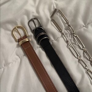 Set of 3 Belts (Black Genuine Leather, Brown Faux Leather, Silver Chain Belt)